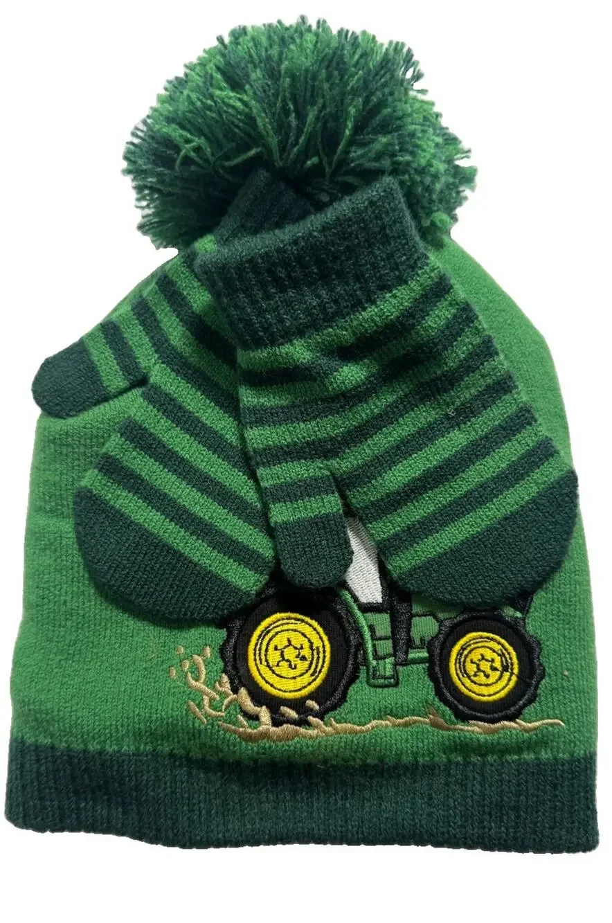 John Deere Toddler Hat & Mitten Set NWT Tractor This Is How I Roll Green Winter